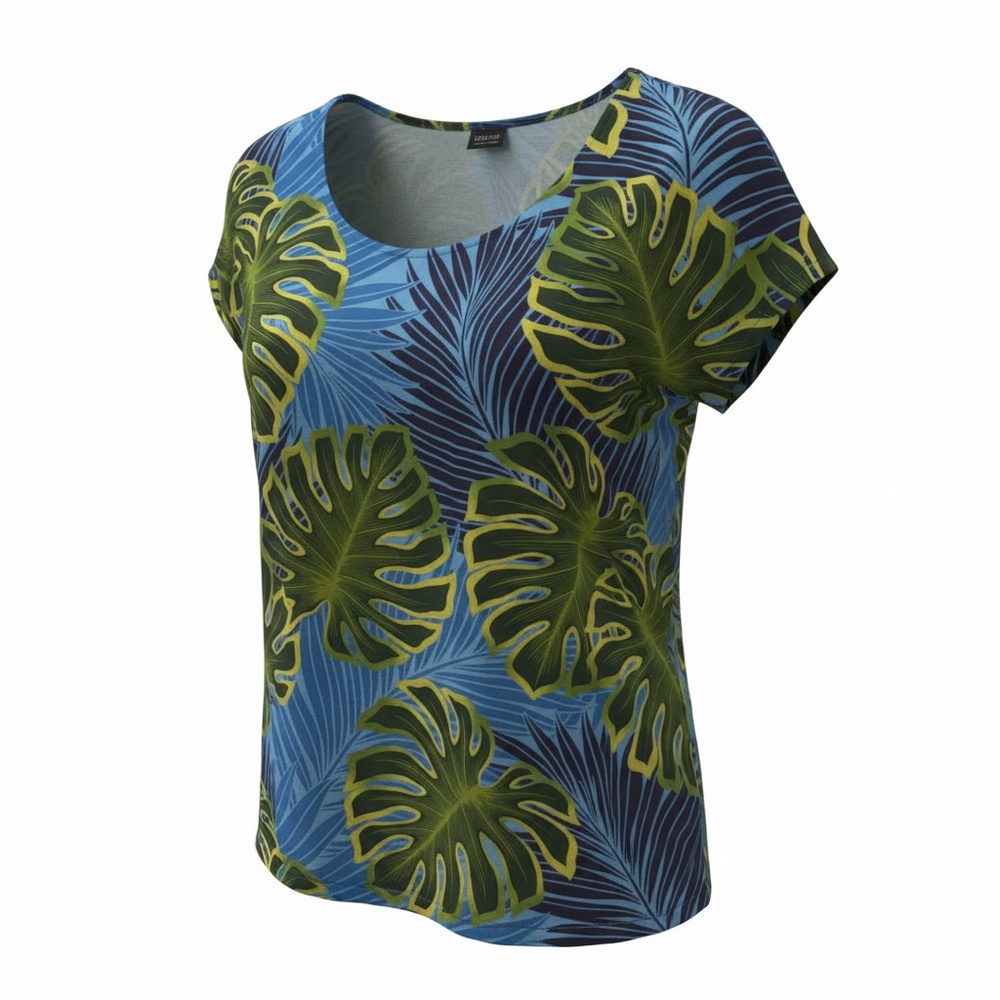 Me Too Plus Size Blue Green Tropical Leaf Print Cap Sleeve Hi Low Cotton Top XXL